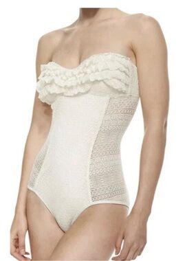 Juicy Couture NWT Strapless Bandeau Ruffle Lace One Piece Swimsuit Sz Med Halter